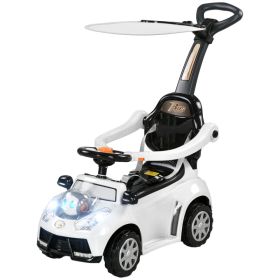 3 in 1 Push Car Sliding Car with Removable Handle, Music, Horn, Canopy, Safety Guardrail, White