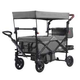 VEVOR Wagon Stroller for 2 Kids, Push Pull Quad Collapsible Stroller with Adjustable Handle, Encircling Harness Removable Canopy, 4 Wheels w/ Bra