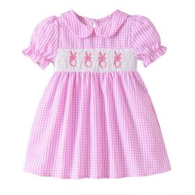 Toddler Girl's Lapel Bubble Sleeve Dress, Checkered Pattern & Bunny Embroidery A-Line Summer Dress (Option: Pink-3to6 Month)