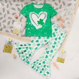Girl's Clover Print 2-Piece Set, Short Sleeve T-Shirt And Flare Leg Pants For Spring And Summer (Option: Green-4 Year)