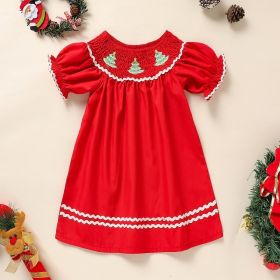 Toddler Infant Girl Christmas Dress Smocked Christmas Tree Embroidery Short Sleeve Princess Party Dress (Option: Red-3to6 Months)