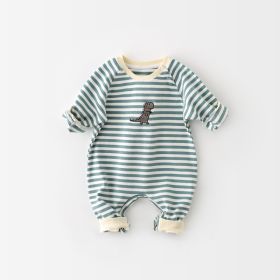 Male And Female Baby Cartoon Striped Dinosaur Embroidery Long-Sleeved Jumpsuit (Option: Green-80cm)