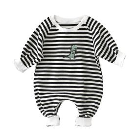 Male And Female Baby Cartoon Striped Dinosaur Embroidery Long-Sleeved Jumpsuit (Option: Black-73cm)