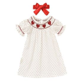 Baby Girl's Valentine's Day Dress Short Sleeve Red Heart Embroidery Dress With Headband Smocked Princess Party Dress (Option: Pink-3to6 Months)