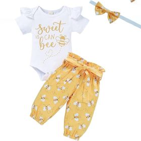Infant Baby Girl Sweet Bee Outfits Letter Print Romper Honey Bees Pants Bowknot Headband Clothes Set (Option: Yellow-6to9Months)