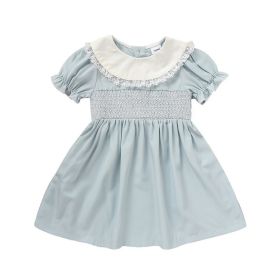 Toddler Girls' Smocked Dress Cute Puff Short Sleeves Lace Crew Neck, Adorable Princess Party Dress (Option: Blue-18to24 Months)
