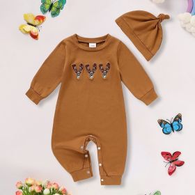Newborn Baby Boy Outfits Long Sleeve Animal Print Romper & Hat 2Pcs Fall Winter Clothes Set (Option: Brown-1to3Months)