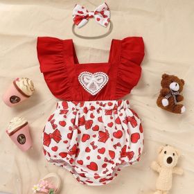 Baby Newborn Comfortable Romper, Sweet Heart & Bow Print Onesie With Ruffle Trim And Snap Closure (Option: Red-12to18 Month)