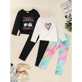 Kid's 'Grandma And Granddaughter' Letter & Heart Print Long Sleeve Top & Pants Set, 2 Sets Comfy Loungewear Outfit (Option: Black White-6Y)