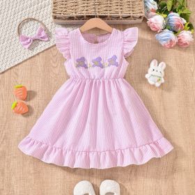 Toddler Girl's Bunny Embroidered Dress, Round Neck Short Sleeve A-Line Dress With Back Button Closure (Option: Pink-3to6 Month)
