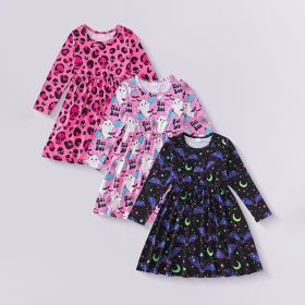 3pcs Toddler Girl's Halloween Dress Skull Ghost Bats Print Stretch Long Sleeve A-line Dresses (Option: 3pcs-4Y)