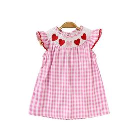 Infant Baby Girls' Valentine's Day Dress Pink Plaid With Heart Embroidery, Smocked Ruffle Sleeves (Option: Pink-3to6 Months)