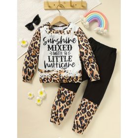 Toddler Girls Fall Winter Outfits Leopard Letter Print Crewneck Long Sleeve Sweatshirt Top & Sweatpant 2 Piece Clothing Set (Option: Brown-8Y)