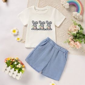 Toddler Casual 2-Piece Set, Bunny & Carrot Embroidered Short Sleeve T-Shirt With Striped Pocket Shorts (Option: Blue-2to3 Year)
