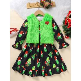 Toddler Kids Baby Girl Christmas Dress Outifts, Long Sleeves Cartoon Prints Party Dress With Heart Print Vest Coat Xmas Clothes Set (Option: Green-7Y)