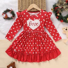 Toddler Girl's Cute 'LOVE' Embroidered Dress, Heart Print Long Sleeve A-Line Dress With Ruffle Hem (Option: Red-12to18 Month)