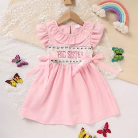 Toddler Girl's Pink Ruffle Sleeve Dress Letter Embroidery & Bow Detail With Back Button Closure (Option: Pink-2Year)