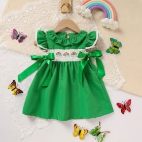 Toddler Girl's Ruffle Sleeve Dress Rainbow Embroidery & Bow Detail With Back Button Closure (Option: Green-9to12 Month)