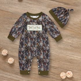 Newborn Baby Boy Outfits Long Sleeve Animal Print Romper & Hat 2Pcs Fall Winter Clothes Set (Option: Military Green-6to9Months)