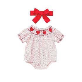 Newborn Baby Girls' Valentine's Day Smocked Romper Short Sleeve Heart Embroidery Jumpsuit Casual Cute Romper (Option: Pink-12to18 Months)