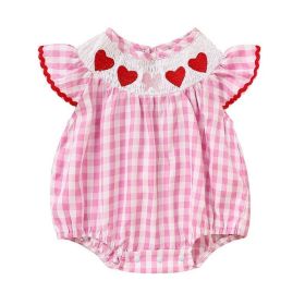 Newborn Baby Girls' Valentine's Day Smocked Romper Ruffle Sleeve Plaid Heart Embroidery Jumpsuit Casual Cute Romper (Option: Pink-12to18 Months)