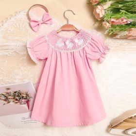 Toddler Girl's Bunny Dress Bow Headband Ruffle Sleeve Smocked Dress With Rabbit Embroidery For Summer (Option: Pink-3to6 Month)