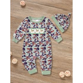 Newborn Baby Boy Outfits Long Sleeve Animal Print Romper & Hat 2Pcs Fall Winter Clothes Set (Option: Green-6to9Months)