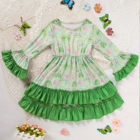 Toddler Girl's Cute Party Dress Set, Clover Print Bell Sleeve A-Line Dress With Ruffle Hem For Spring Fall (Option: Gray-3 Year)