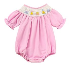 Infant Girls' Cute Birthday Smocked Bubble Romper Short Sleeves Crew Neck Cartoon Embroidery Princess Party Romper Bodysuit (Option: Pink-9to12 Months)