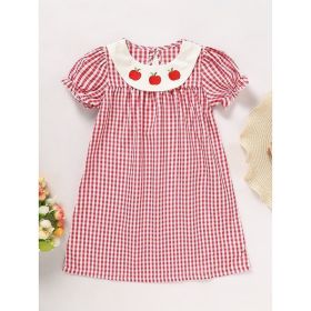 Toddler Kids Girls Back To School Dress Smocked Collar Puff Sleeve Plaid Embroidered Print Dress (Option: Red-2Y)