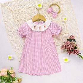 Infant Bbay Girls' Plaid Smocked Dress Short Sleeve Easter Bunny Rabbit Embroidery Casual Fashion Clothes (Option: Pink-3to6 Months)