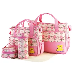5PCS Baby Nappy Diaper Bags Set Mummy Diaper Shoulder Bags W/ Nappy Changing Pad Insulated Pockets Travel Tote Bags (Option: Pink)