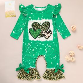 Newborn Baby Girl Romper, Green Clover & Leopard Print Ruffle Sleeve Round Neck Onesie With Flare Legs (Option: Green-0to3 Month)