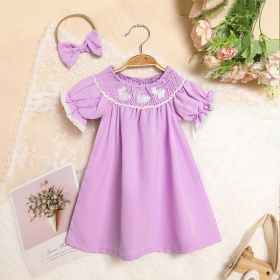 Toddler Girl's Bunny Dress Bow Headband Ruffle Sleeve Smocked Dress With Rabbit Embroidery For Summer (Option: Purple-3to6 Month)
