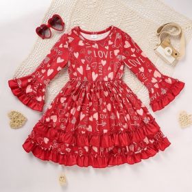 Toddler Girl's Cute Dress, Heart Print Round Ncek Long Sleeve A-Line Dress With Ruffle Hem (Option: Red-3 Year)
