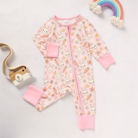 Baby Girl's Cute Bunny Romper, Rabbit Carrot Print Zip-Up Long Sleeve Onesie For Holiday And Outdoor Wear (Option: Pink-1to3 Month)