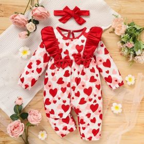 Baby Valentine's Day Romper, Heart Print Long Sleeve Bodysuit With Bow And Ruffle Trim (Option: Red-0to3 Month)