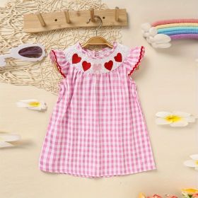 Toddler Girl's Short Sleeve Checkered Dress, Heart Embroidery & Ruffle Detail With Back Button Closure (Option: Pink-3to6 Month)