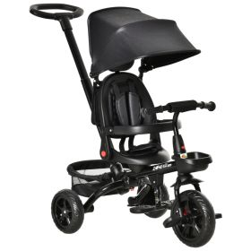 Kids Tricycle, 4 in 1 Foldable Trike with Reversible Seat, Adjustable Parent Handle, Safety Harness, Wheel Brakes, Removable Canopy, Storage, Tricycle (Option: Black-655x420x260 mm)