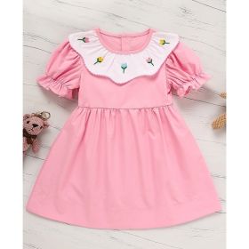 Toddler Baby Girl Spring Tulip Smocked Short Sleeve Dress With Lovely Tulip Embroidery Princess Dresses (Option: Pink-18to24 Months)