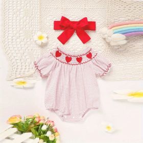 Baby Girl's Short Sleeve Pink Romper, Polka Dot Pattern With Heart Embroidery And Ruffle Detail (Option: Pink-0to3 Month)