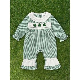 Ewborn Baby Girls Green Plaid Four-leaf Clover Allover Print One-piece Long Sleeve Bodysuit (Option: Green-9to12 Months)