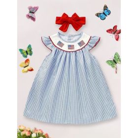 Baby Girls 4th Of July Dress Gingham American Flag White Blue Color Block Independence Day Dresses (Option: Blue-3to6 Months)