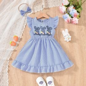 Toddler Girl's Bunny Embroidered Dress, Round Neck Short Sleeve A-Line Dress With Back Button Closure (Option: Blue-3to6 Month)