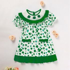 Toddler Girl's Clover Print Dress, Doll Collar Bubble Sleeve Dress With Pockets And Back Buttons For Spring (Option: Green-2 Year)